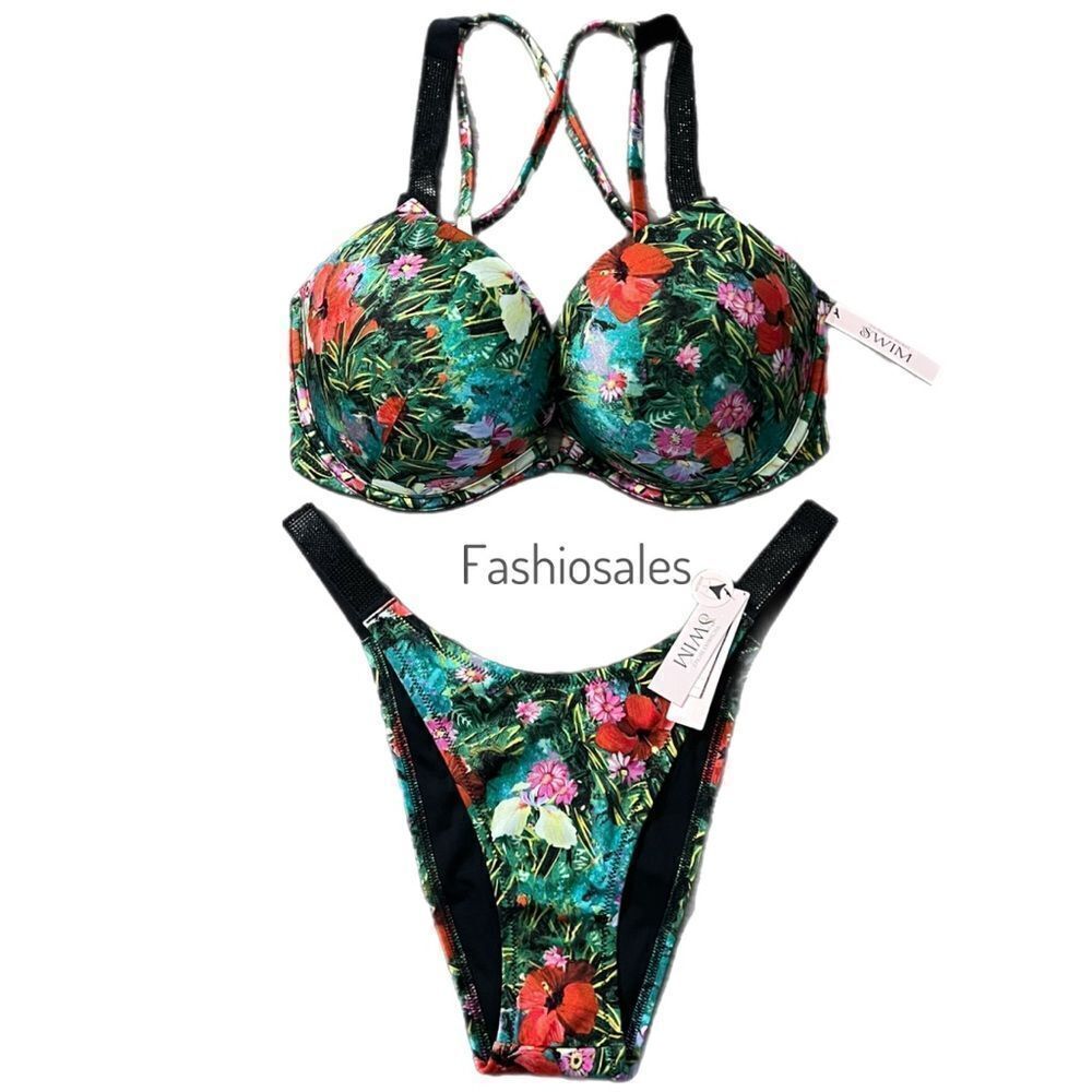 Victorias Secret Swim Set Bombshell Shine Strap Add-2-Cups Push Up Top & Bottom